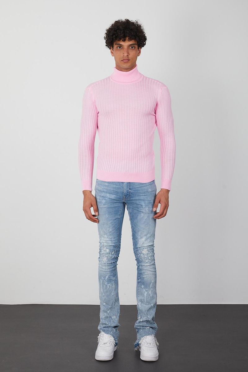 Men's Pink Turtleneck Sweater -Stylish Slim Fit Pullover