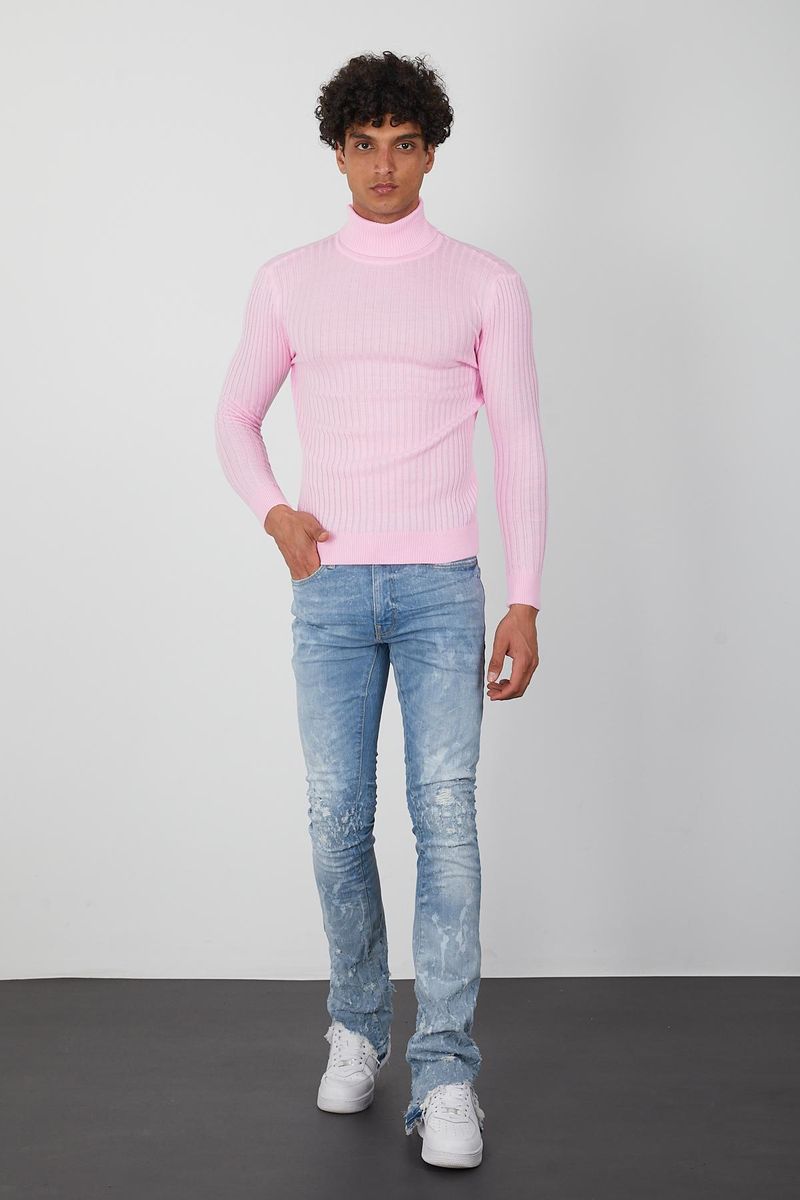 Men's Pink Turtleneck Sweater -Stylish Slim Fit Pullover