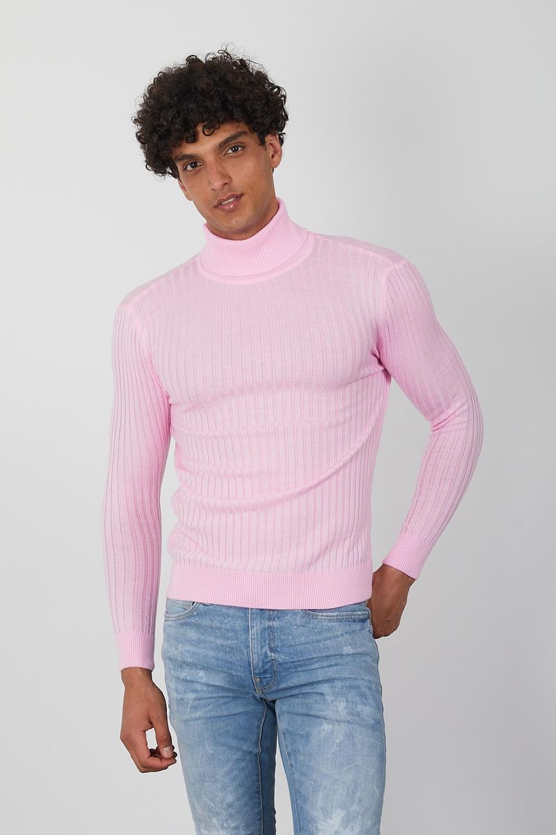 Men's Pink Turtleneck Sweater -Stylish Slim Fit Pullover