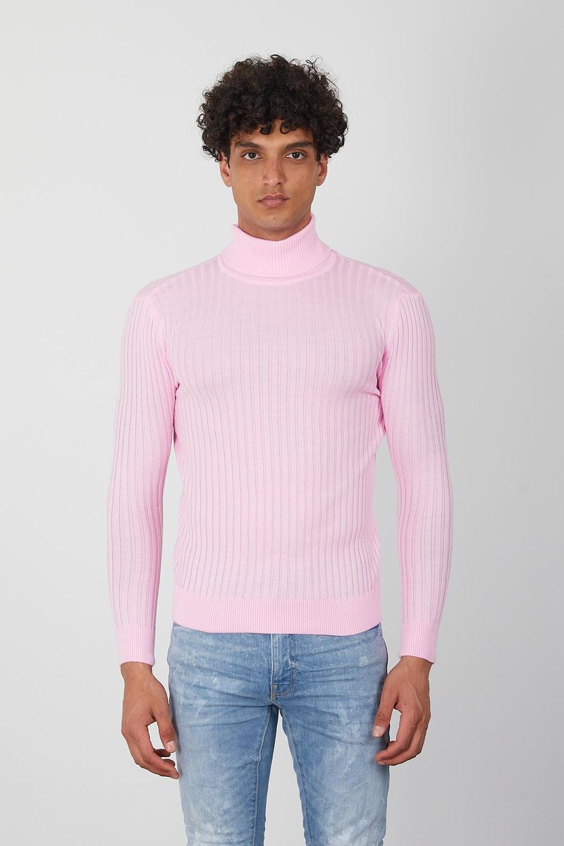 Men's Pink Turtleneck Sweater -Stylish Slim Fit Pullover