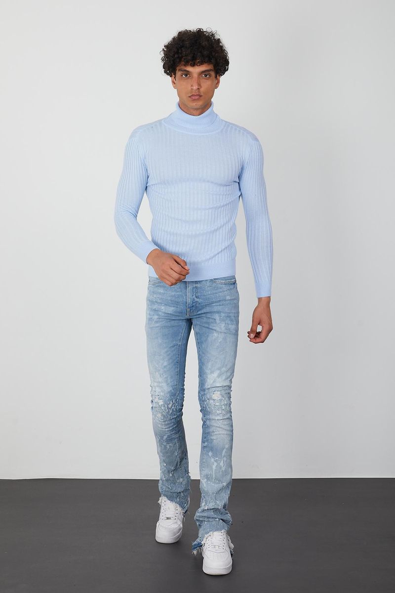 Men’s Light Blue Turtleneck Sweater – Slim Fit Ribbed Knit Pullover by One in a Million