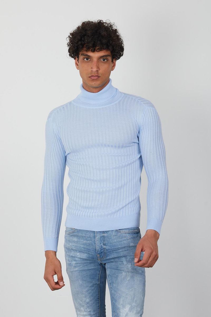Men’s Light Blue Turtleneck Sweater – Slim Fit Ribbed Knit Pullover by One in a Million