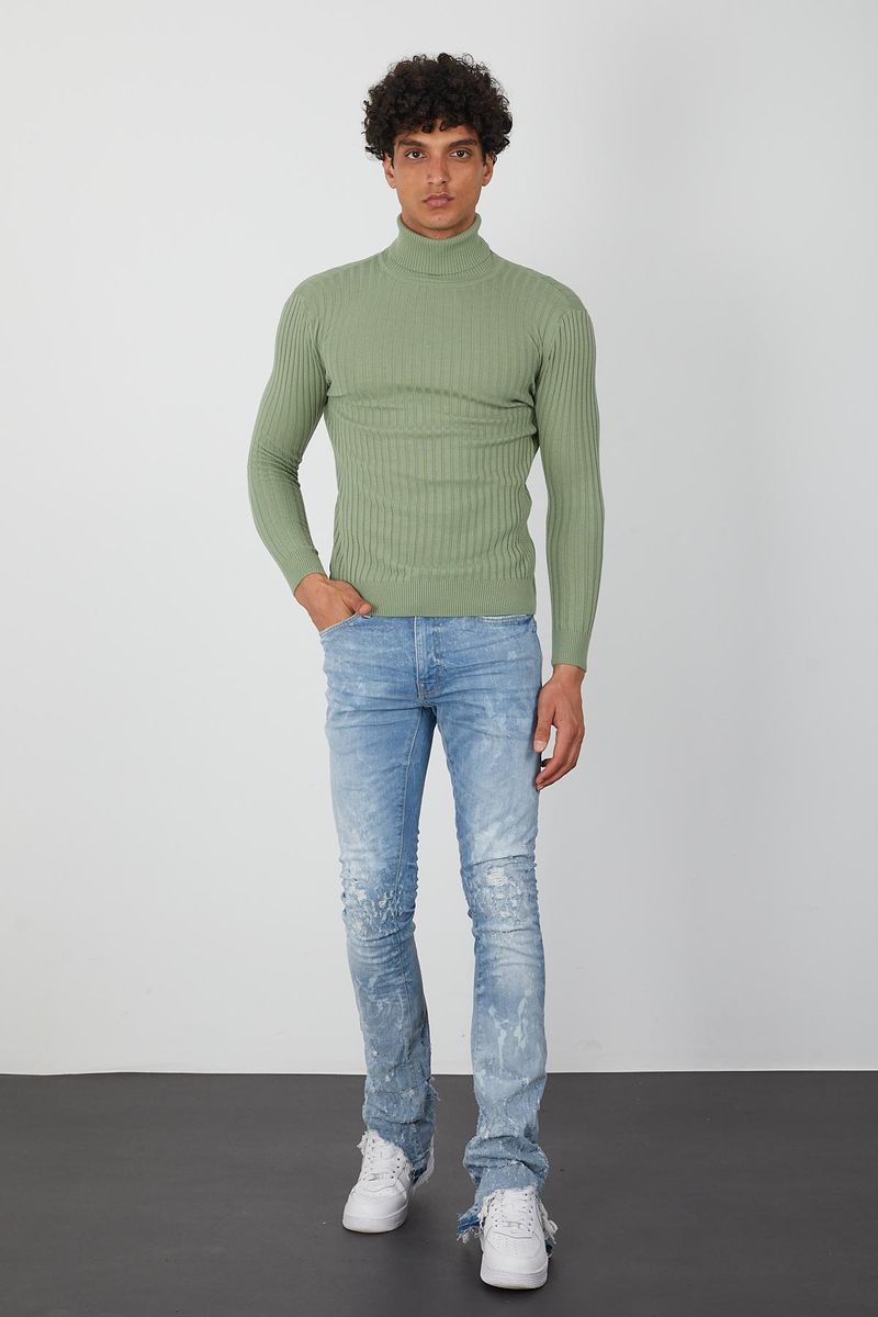 Men’s Sage Green Turtleneck Sweater – Slim Fit Ribbed Knit Pullover by One in a Million