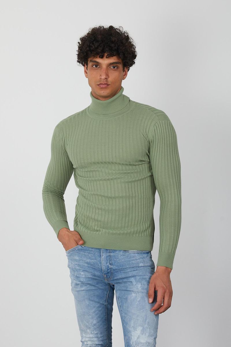 Men’s Sage Green Turtleneck Sweater – Slim Fit Ribbed Knit Pullover by One in a Million