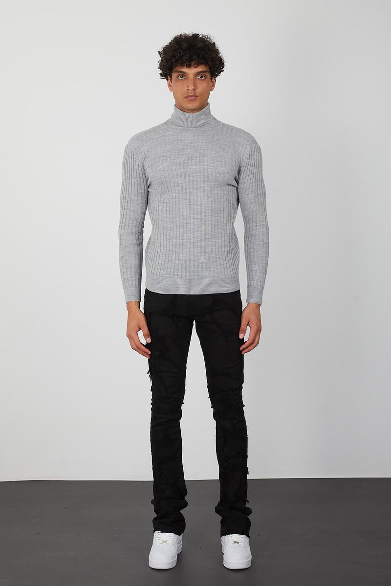 Men’s Light Grey Ribbed Knit Turtleneck Sweater – Slim Fit Casual & Dress Pullover