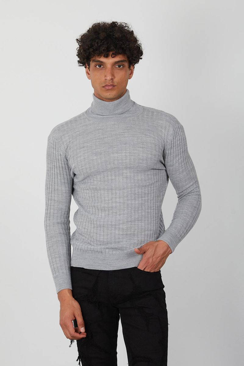 Men’s Light Grey Ribbed Knit Turtleneck Sweater – Slim Fit Casual & Dress Pullover