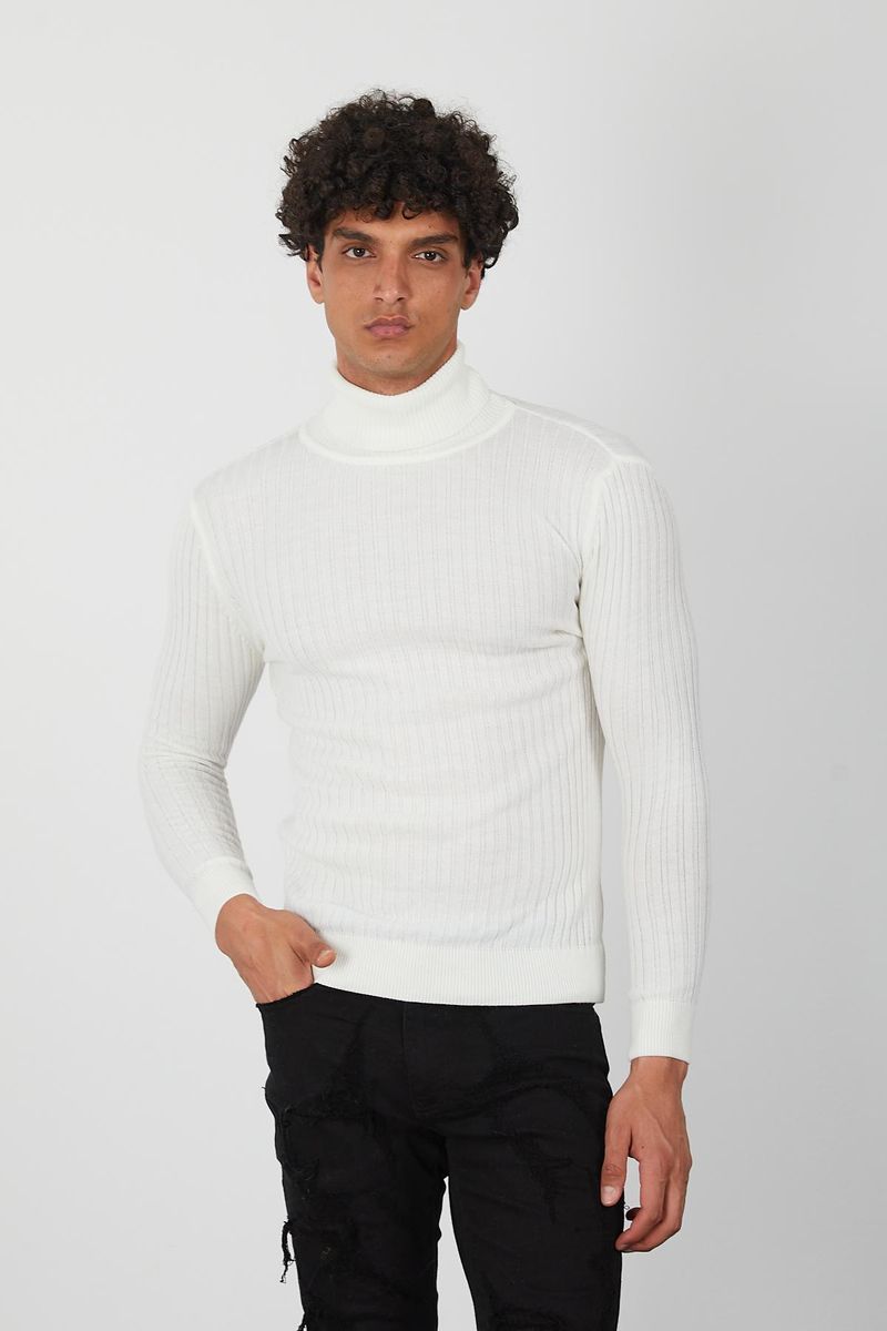 Men’s Off-White Ribbed Knit Turtleneck Sweater – Slim Fit Pullover for Fall & Winter