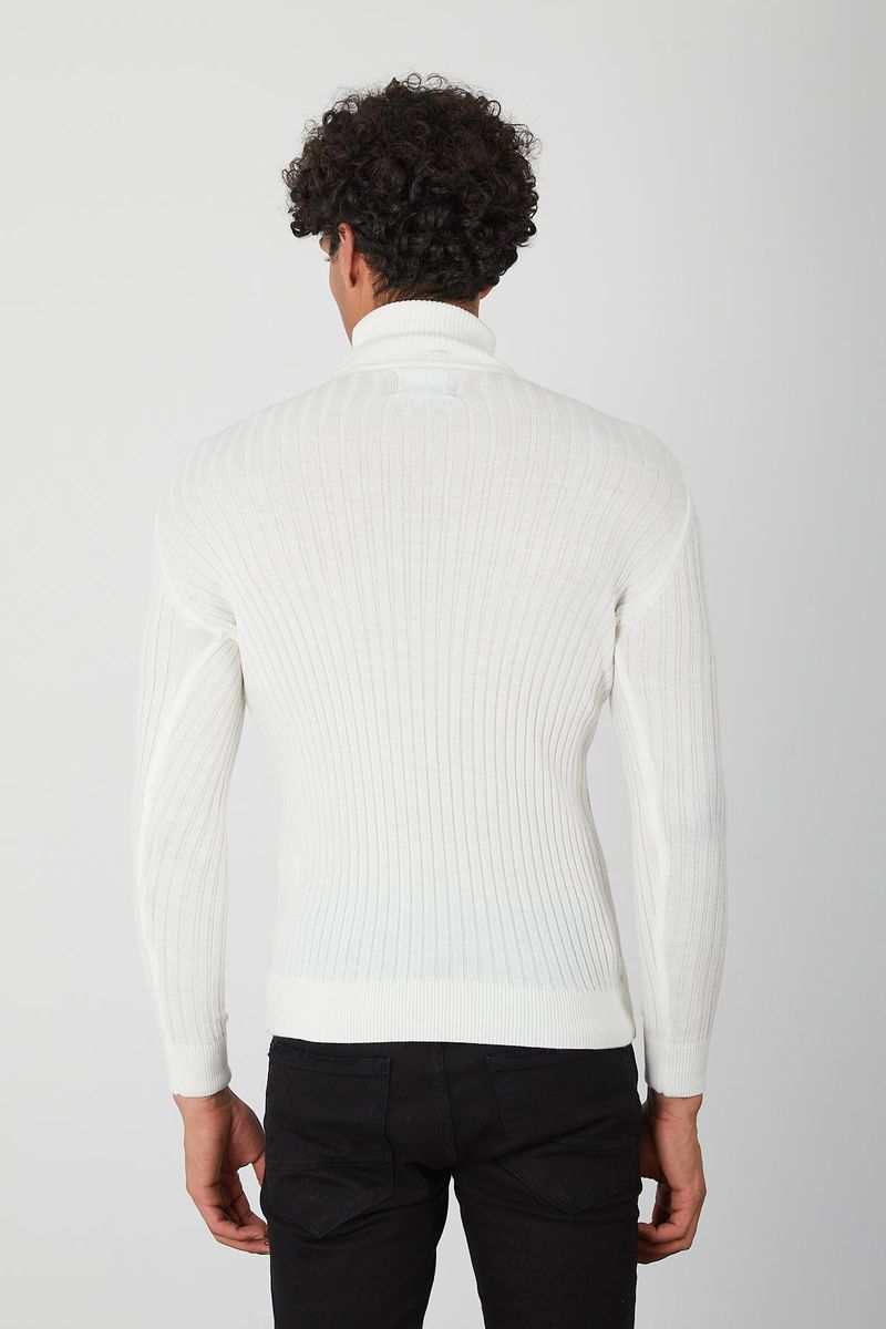 Men’s Off-White Ribbed Knit Turtleneck Sweater – Slim Fit Pullover for Fall & Winter