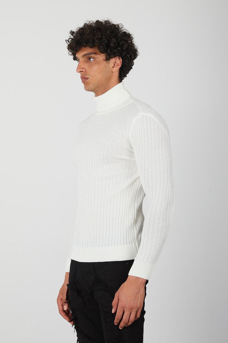 Men’s Off-White Ribbed Knit Turtleneck Sweater – Slim Fit Pullover for Fall & Winter