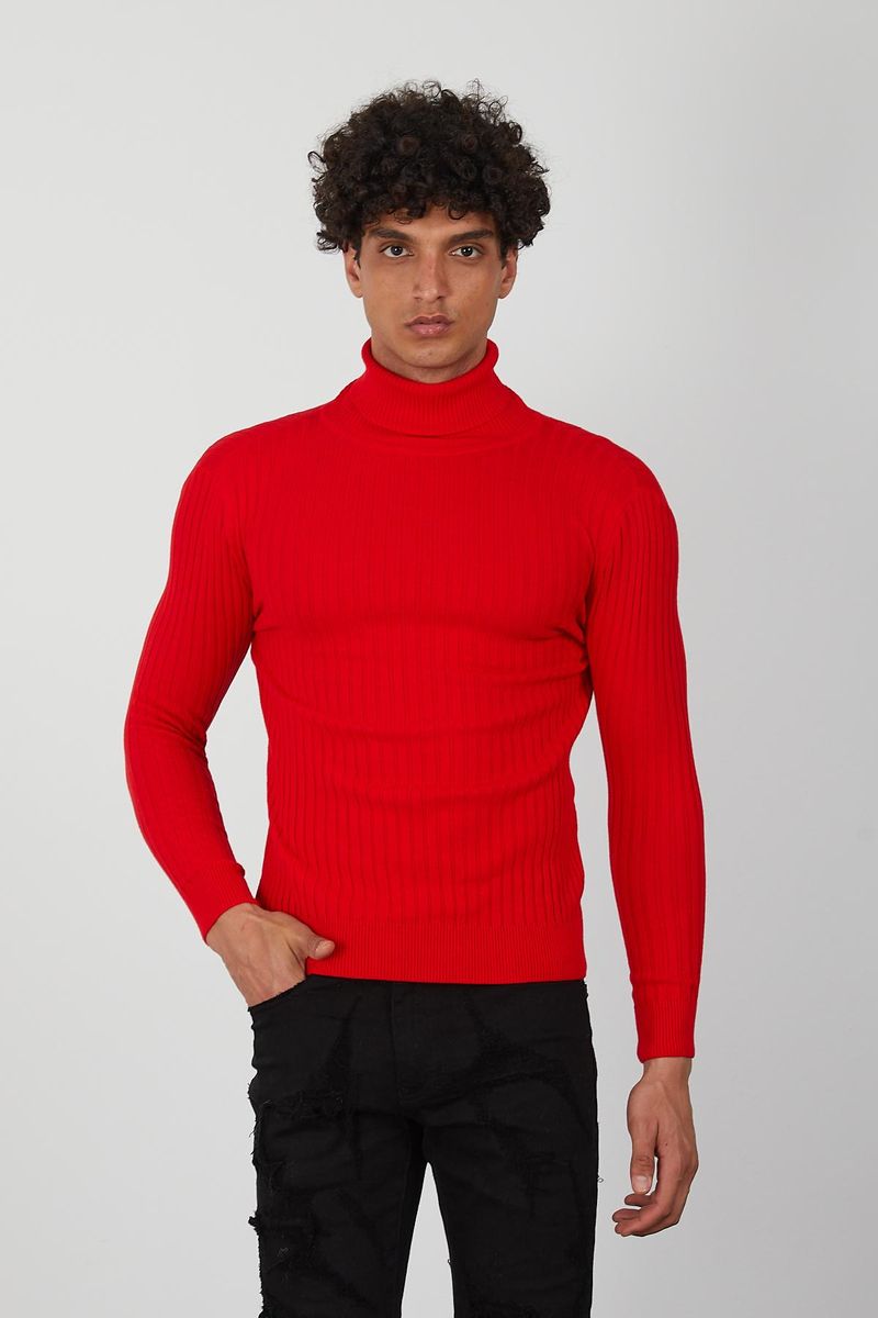 Bold Red Men's Ribbed Turtleneck Sweater – Slim Fit Knit Pullover by One in a Million