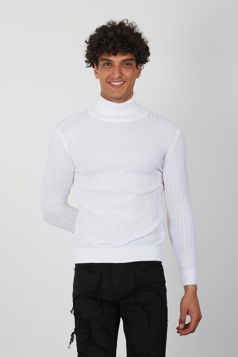 Men’s White Ribbed Knit Turtleneck Sweater – Slim Fit Winter Essential