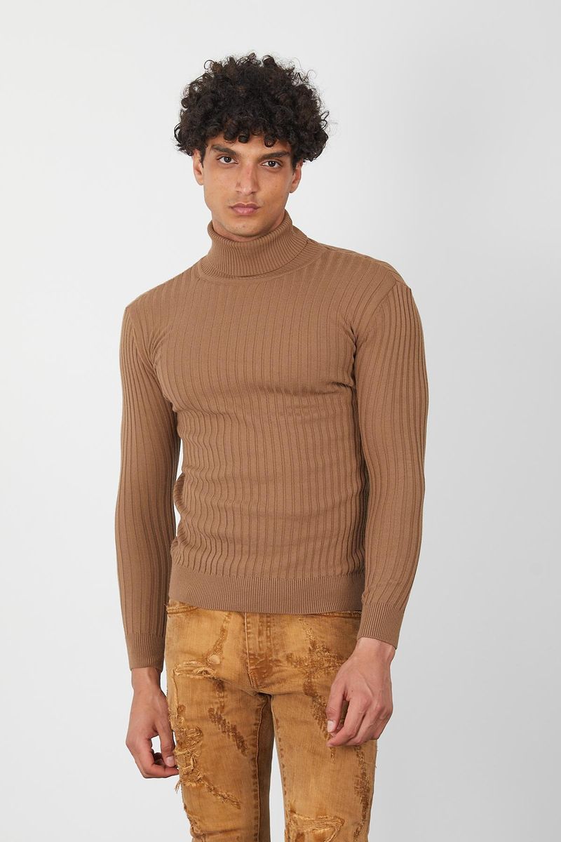 Tobacco Ribbed Men’s Turtleneck Sweater-Knit Slim Pullover