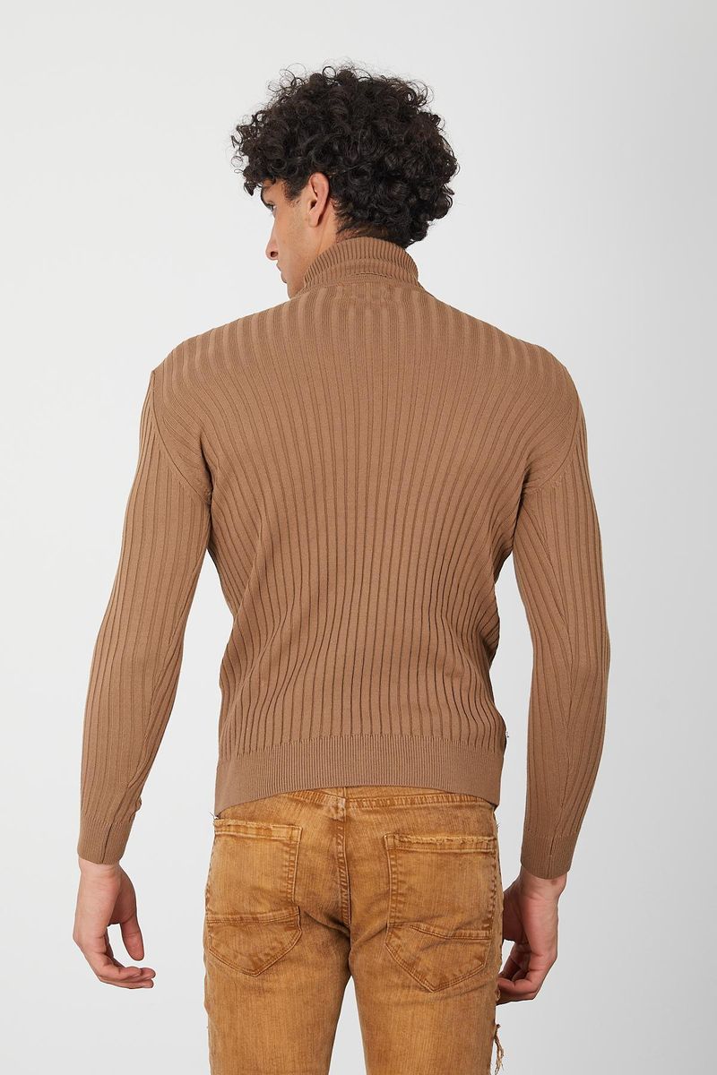 Tobacco Ribbed Men’s Turtleneck Sweater-Knit Slim Pullover