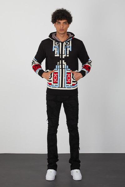 Men’s Tribal Knit Hoodie – Black Pullover with Red, Blue & Cream Geometric Print