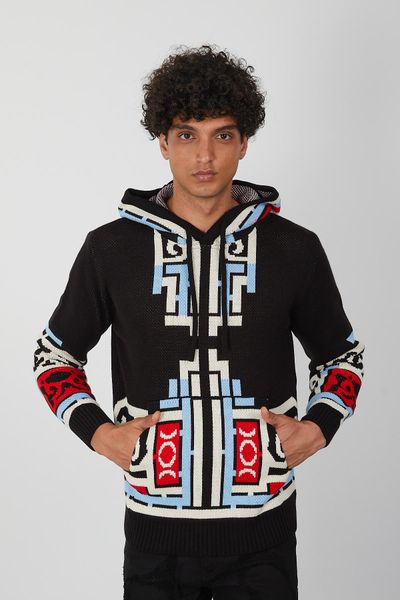 Men’s Tribal Knit Hoodie – Black Pullover with Red, Blue & Cream Geometric Print