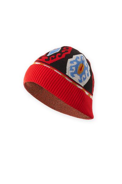 Ornate Pattern Beanie | Red & Black Knit Hat
