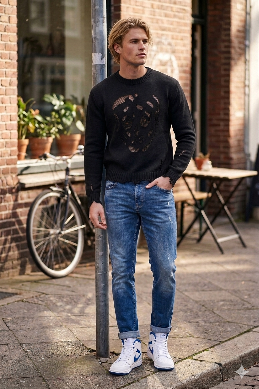 Men’s Cropped Cut-Out Skull Knit Sweater