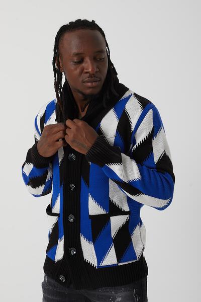 Men’s Blue & Black Argyle Knit Shawl Collar Cardigan – Button-Down Statement Sweater