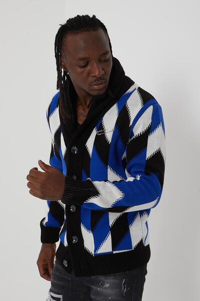Men’s Blue & Black Argyle Knit Shawl Collar Cardigan – Button-Down Statement Sweater