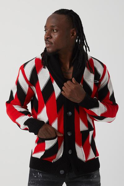 Men’s Red & Black Knit Shawl Collar Cardigan – Bold Button-Down Sweater