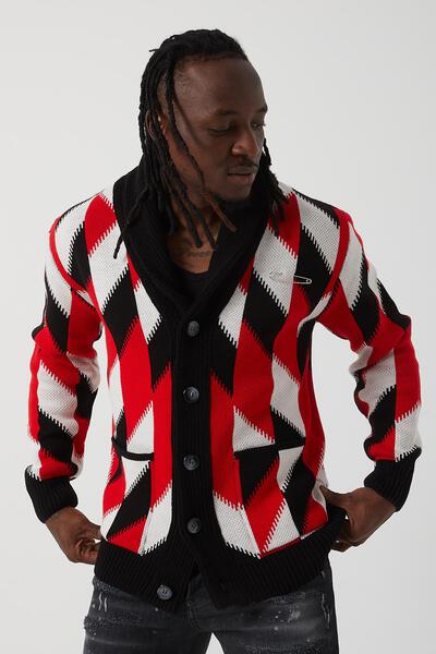Men’s Red & Black Knit Shawl Collar Cardigan – Bold Button-Down Sweater