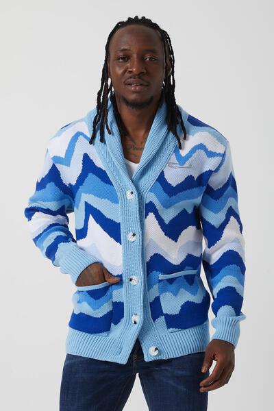 Men’s Blue Wave Pattern Knit Shawl Collar Cardigan – Ocean-Inspired Button-Down Sweater