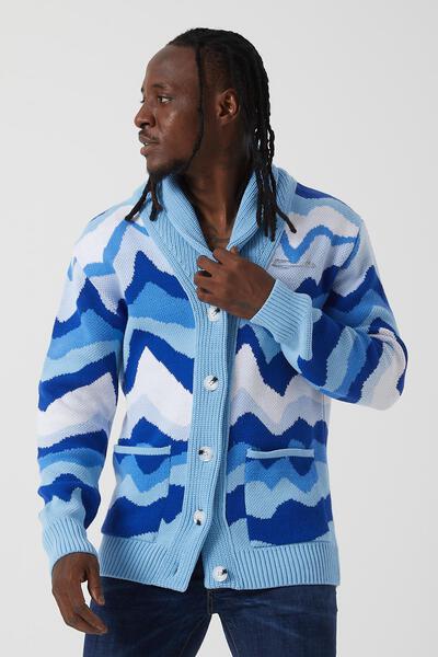 Men’s Blue Wave Pattern Knit Shawl Collar Cardigan – Ocean-Inspired Button-Down Sweater