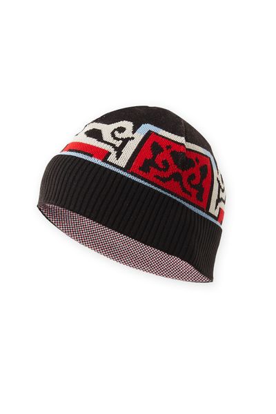 Unisex Knit Beanie Hat – Black, Red & White Patterned Winter Cap