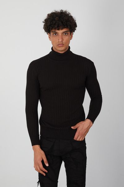 Black Ribbed Men’s Turtleneck Sweater -Slim Fit Knit Top