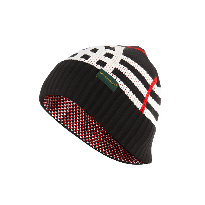 Black & White Knit Beanie with Red Accent | Cozy Hat