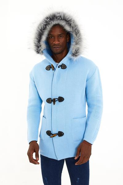 Men's Sky Blue Knit Hoodie – Faux Fur Hood & Toggle Closure Winter Swe Men's Sky Blue Knit Hoodie – Faux Fur Hood & Toggle Closure Winter Swe