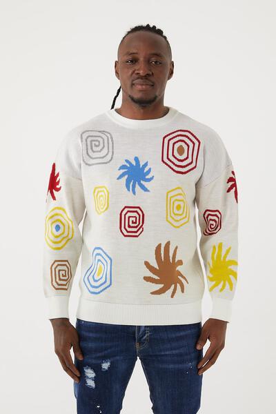 Men’s Abstract Spiral Graphic Knit Crewneck Sweater – White Multicolor Retro Pullover
