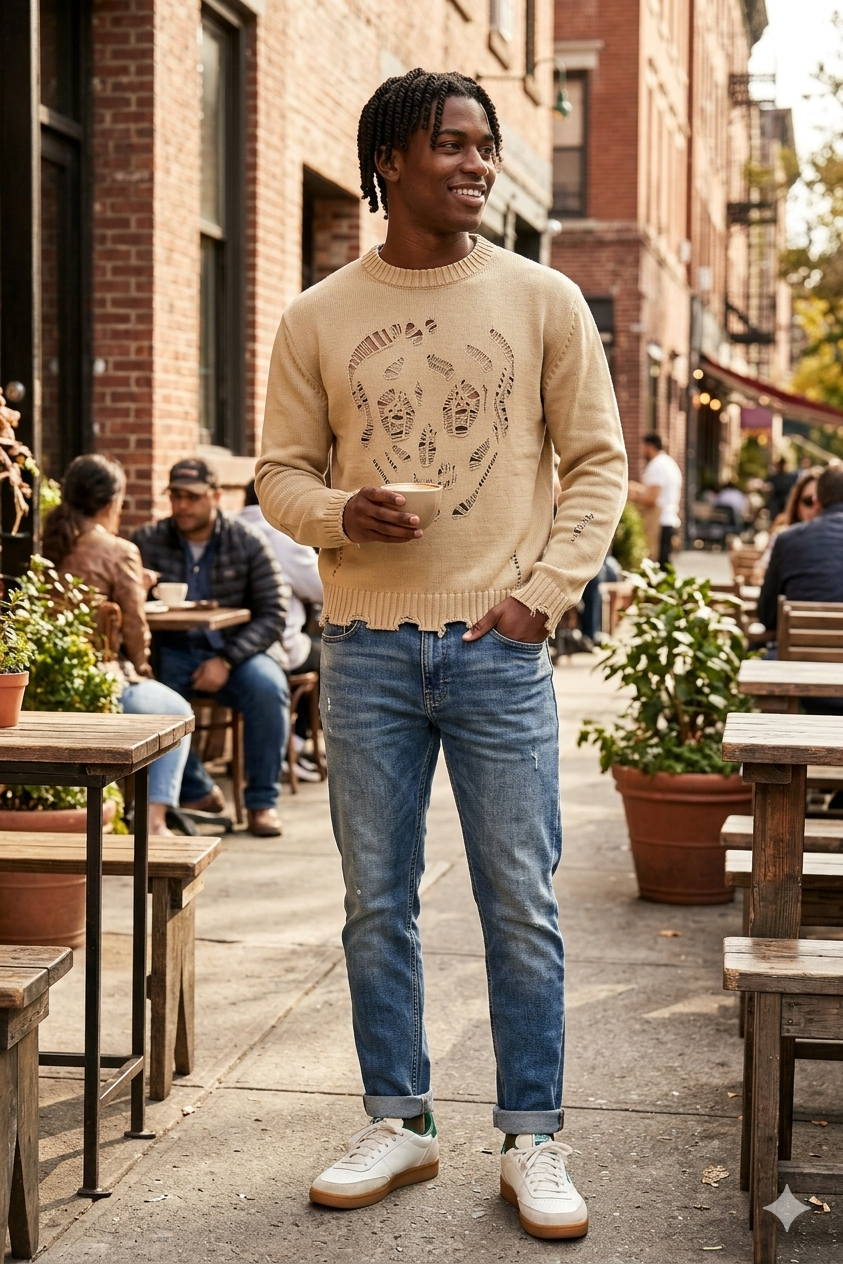 Men’s Cropped Cut-Out Skull Knit Sweater