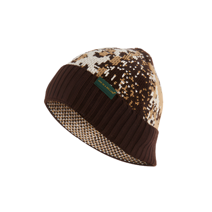 Color Block Beanie Hat - Brown and Tan Knit Cap with Geometric Pattern