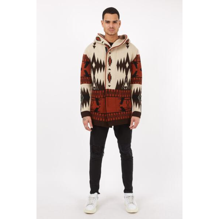 Men’s Aztec Pattern Knit Hoodie in Coffee