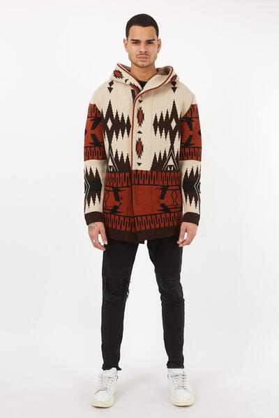 Men’s Aztec Pattern Knit Hoodie in Coffee