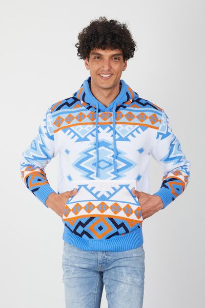 Men’s Aztec Print Knit Hoodie – Bold Blue & Orange Streetwear Pullover