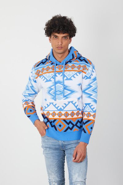 Men’s Aztec Print Knit Hoodie – Bold Blue & Orange Streetwear Pullover