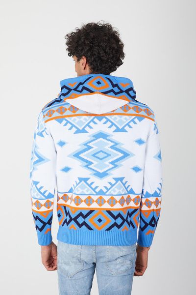 Men’s Aztec Print Knit Hoodie – Bold Blue & Orange Streetwear Pullover