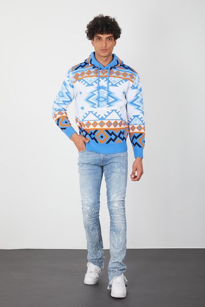 Men’s Aztec Print Knit Hoodie – Bold Blue & Orange Streetwear Pullover