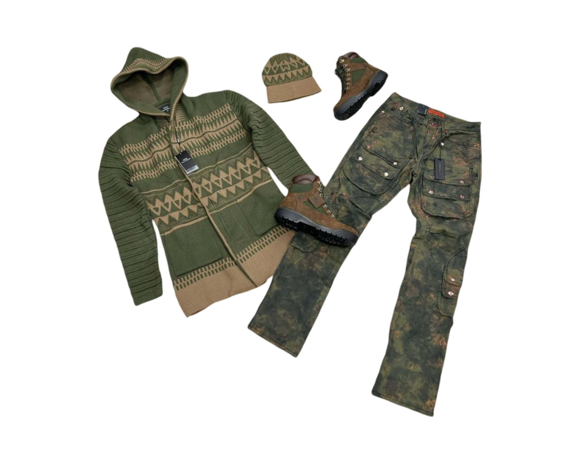 Men’s Olive Green Aztec Knit Zip Hoodie