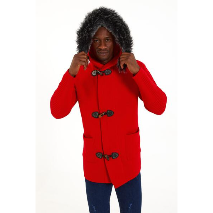 Men’s Red Knit Hoodie – Faux Fur Hood & Toggle Closure Winter Sweater Jacket
