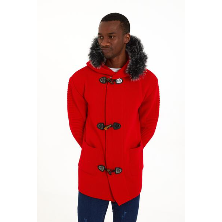 Men's Red Knit Hoodie – Faux Fur Hood & Toggle Closure Winter Sweater