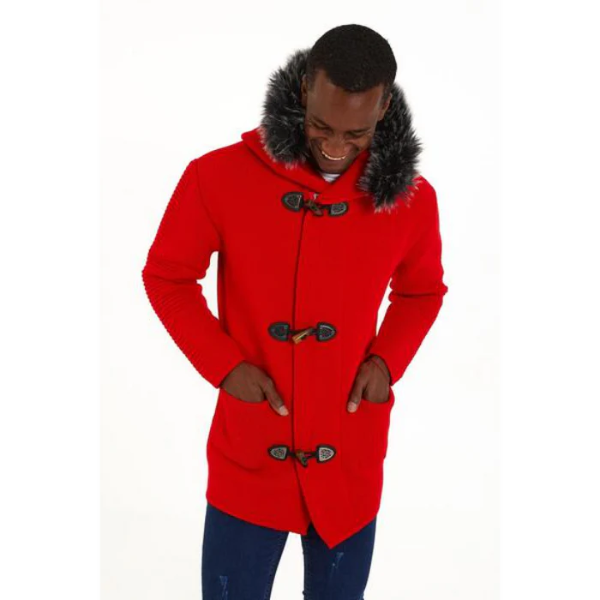 Men’s Red Knit Hoodie – Faux Fur Hood & Toggle Closure Winter Sweater Jacket