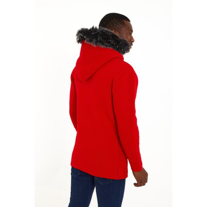 Men’s Red Knit Hoodie – Faux Fur Hood & Toggle Closure Winter Sweater Jacket