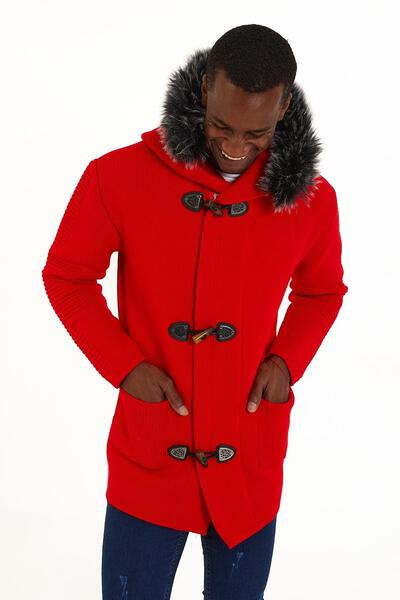 Men’s Red Knit Hoodie – Faux Fur Hood & Toggle Closure Winter Sweater Jacket