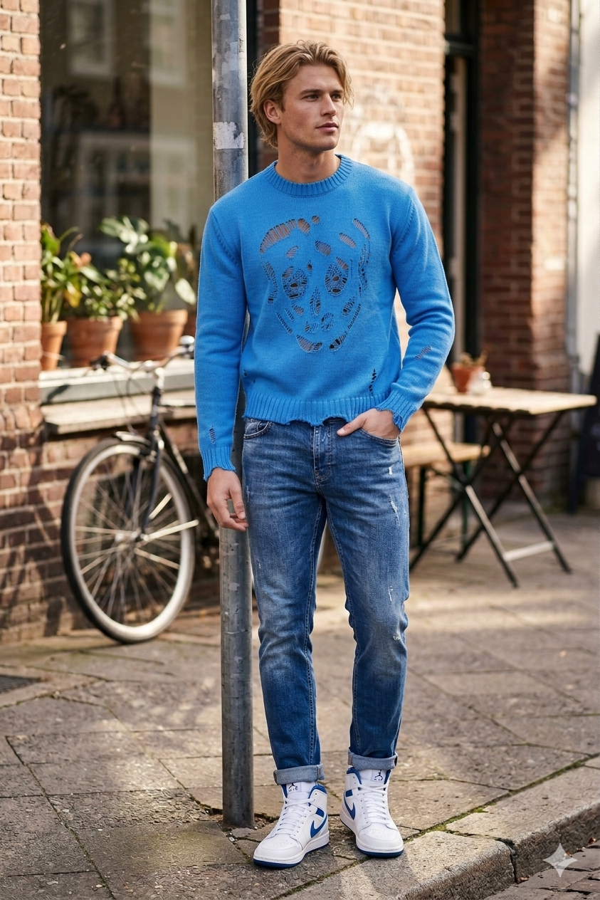 Men’s Cropped Cut-Out Skull Knit Sweater