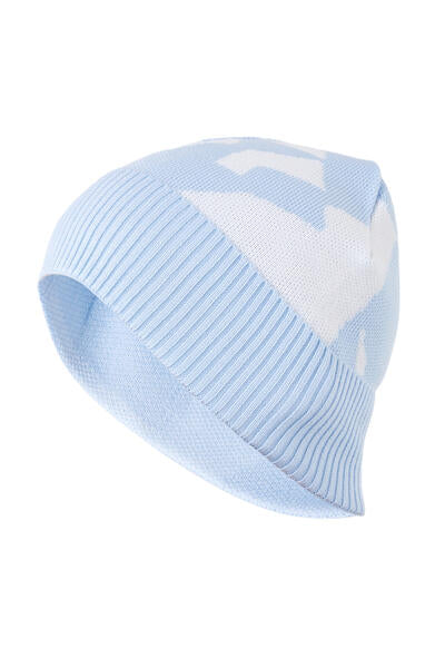 Unisex Light Blue Knit Beanie Hat – Soft Winter Cap with White Pattern