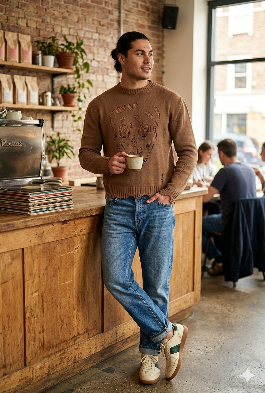 Men’s Cropped Cut-Out Skull Knit Sweater