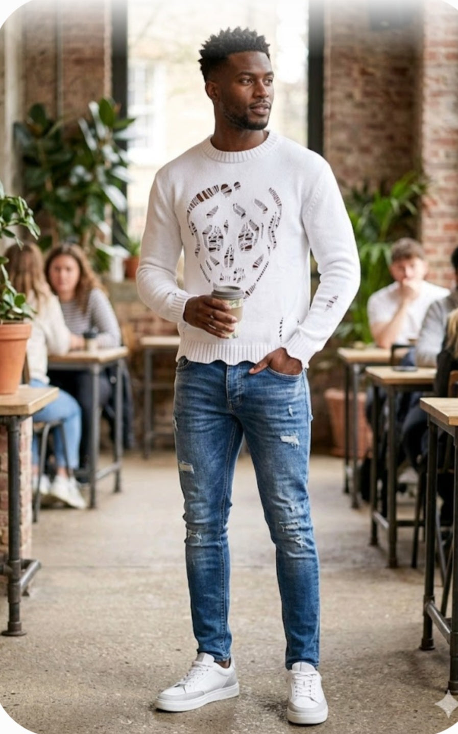 Men’s Cropped Cut-Out Skull Knit Sweater